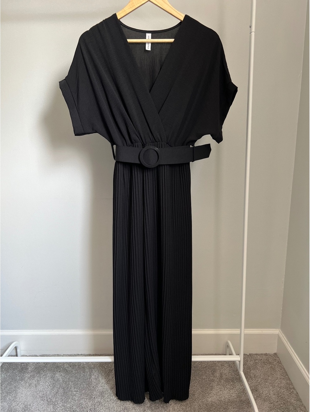 New Collection Italy Black Pleated Wide Leg Jumpsuit Belted Women’s One Size